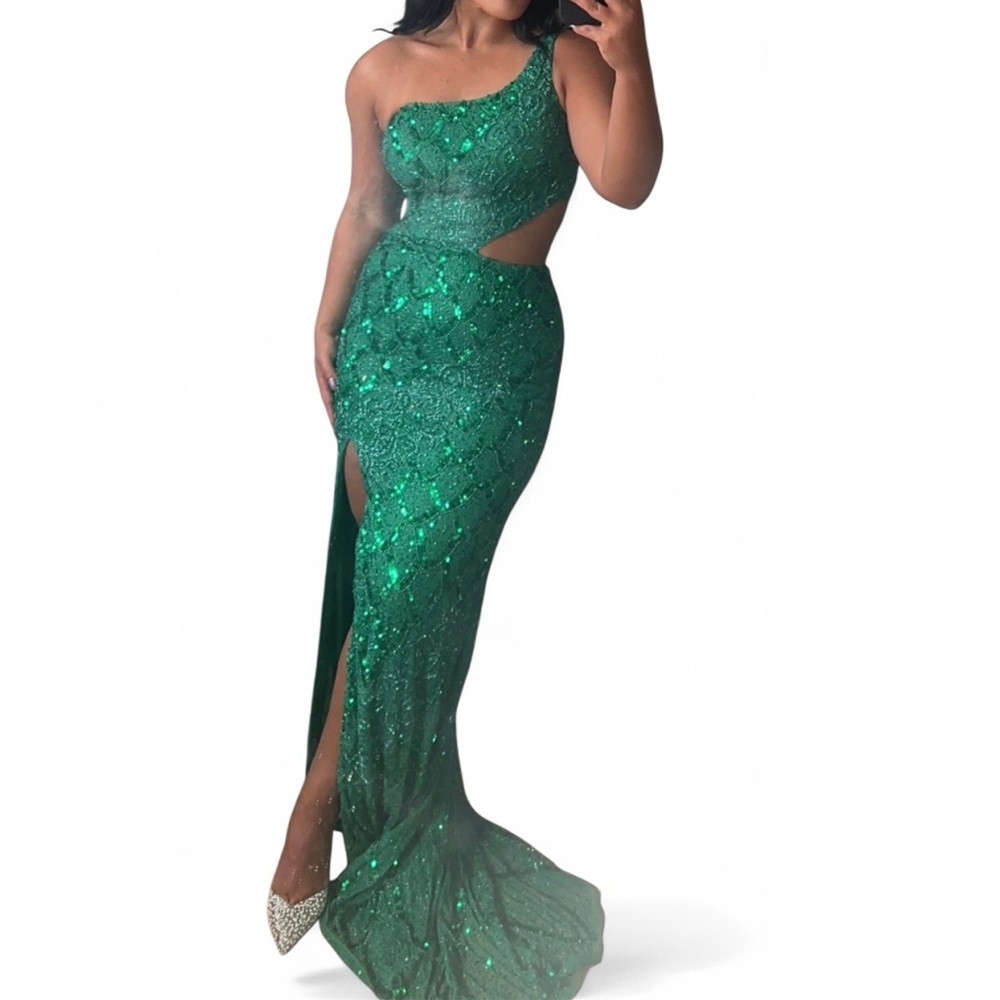 Emerald One-Shoulder Sequin Cutout Evening Gown